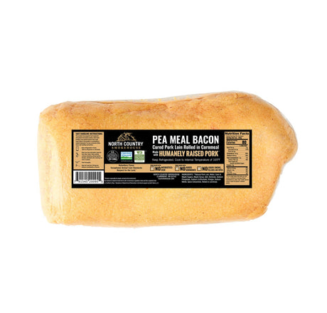 Block of pea meal bacon with a label on a white background