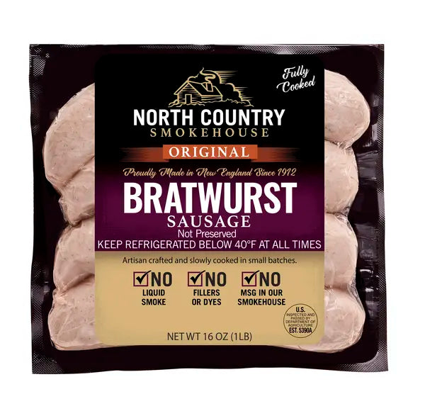 Package of North Country Smokehouse Bratwurst Sausage with branding and product details.