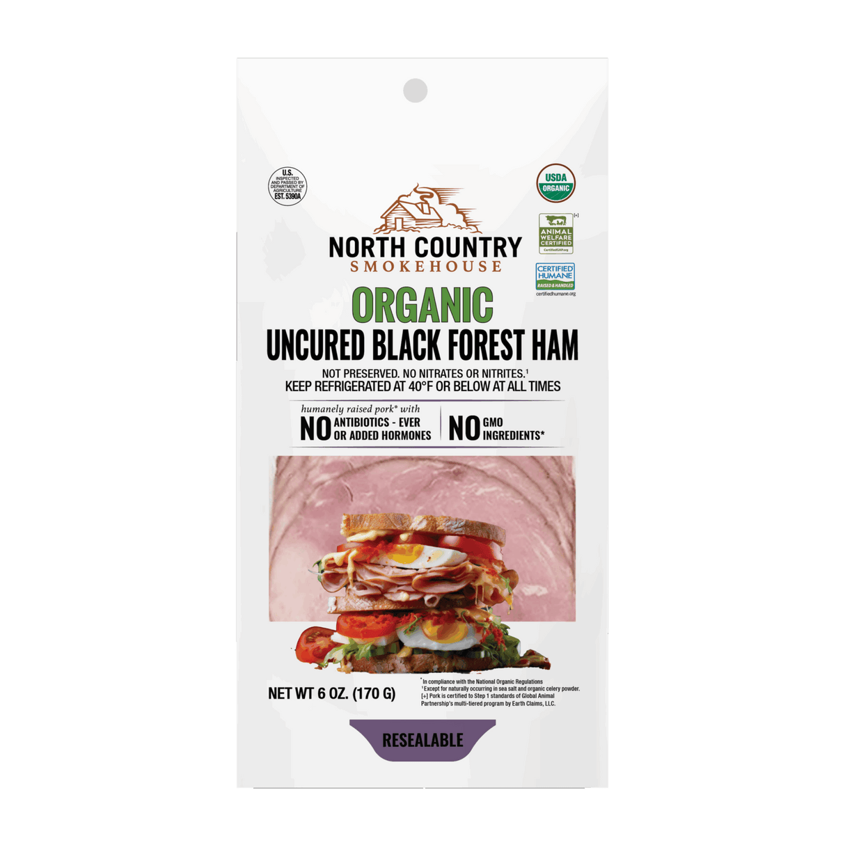 North Country Smokehouse organic uncured black forest ham packaging on a white background