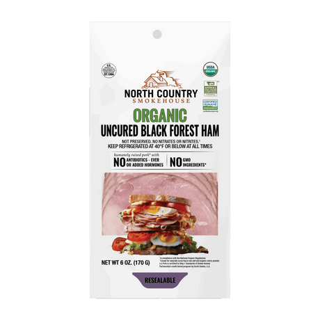 North Country Smokehouse organic uncured black forest ham packaging on a white background