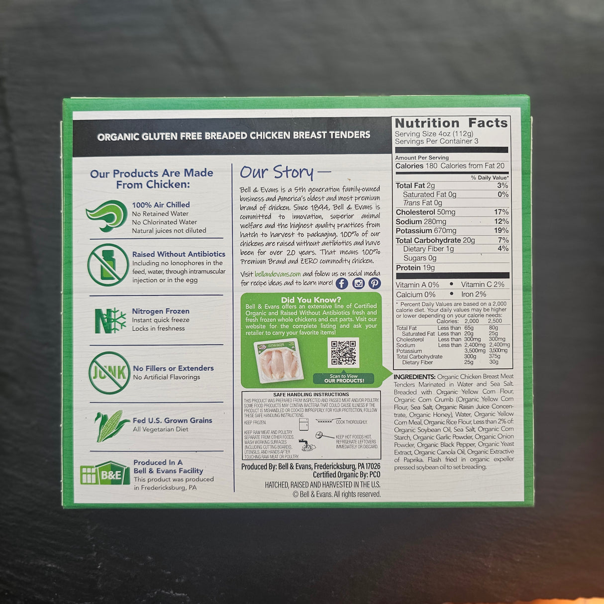 Nutrition facts label and product information on a green and white background