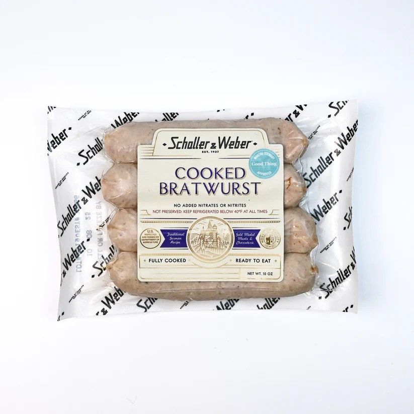 Packaged Schaller & Weber cooked bratwurst on a white background