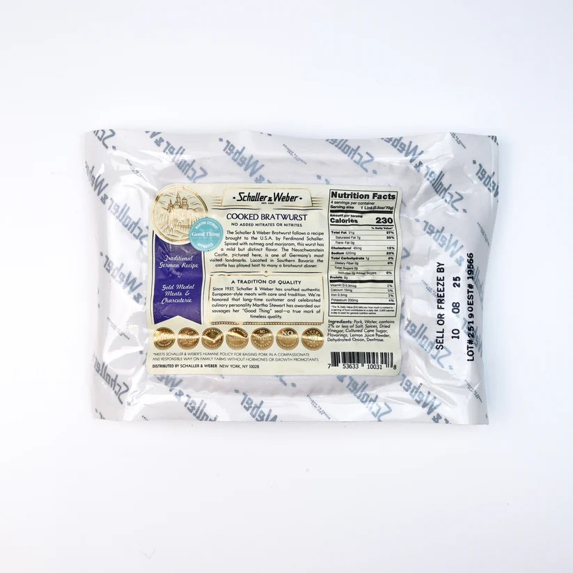 Package of Schiller & Weber Bratwurst with label on a white background