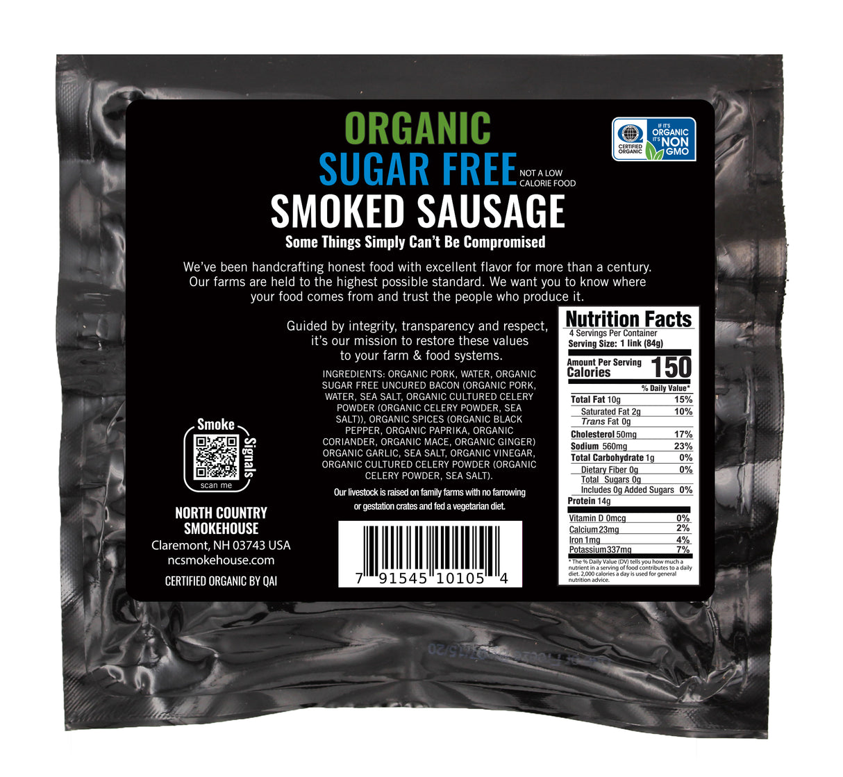 Back of an organic sugar-free smoked sausage package with text and nutrition facts.