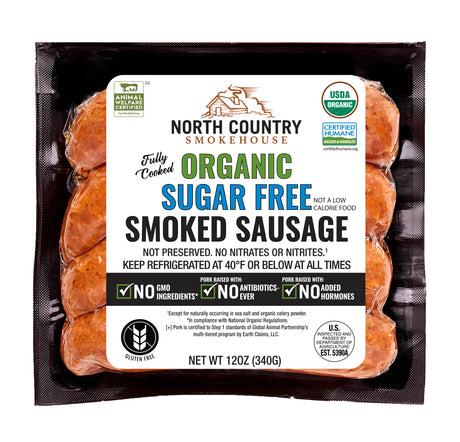 Packaged organic sugar-free smoked sausage from North Country Smokehouse with certification labels.