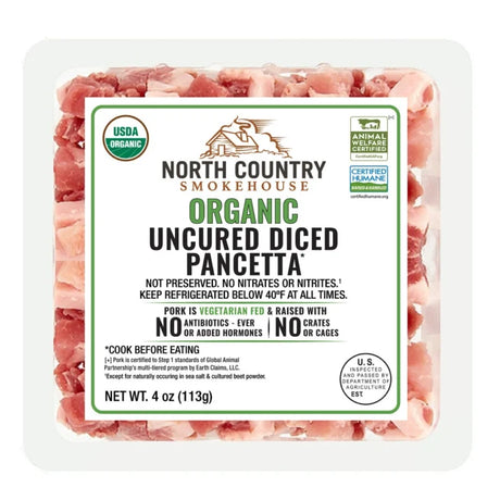 Packaged organic uncured diced pancetta with North Country Smokehouse label on a white background