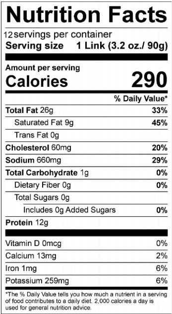 Nutrition facts label for a food product with detailed calorie and nutrient information.