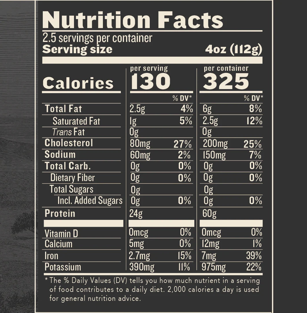 Nutrition facts label for a food product with black background and white text.