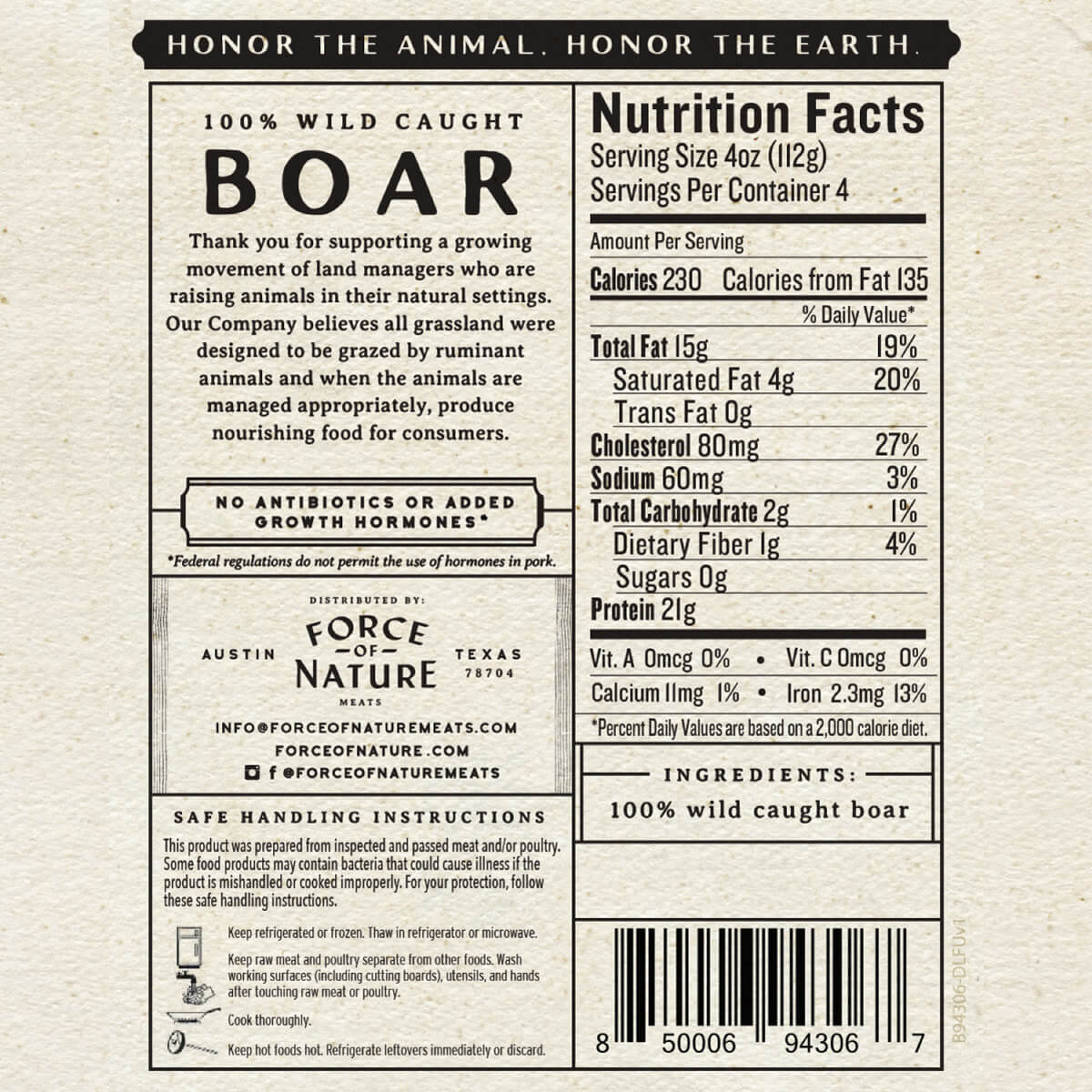 Nutrition facts label for wild caught boar meat on a beige background