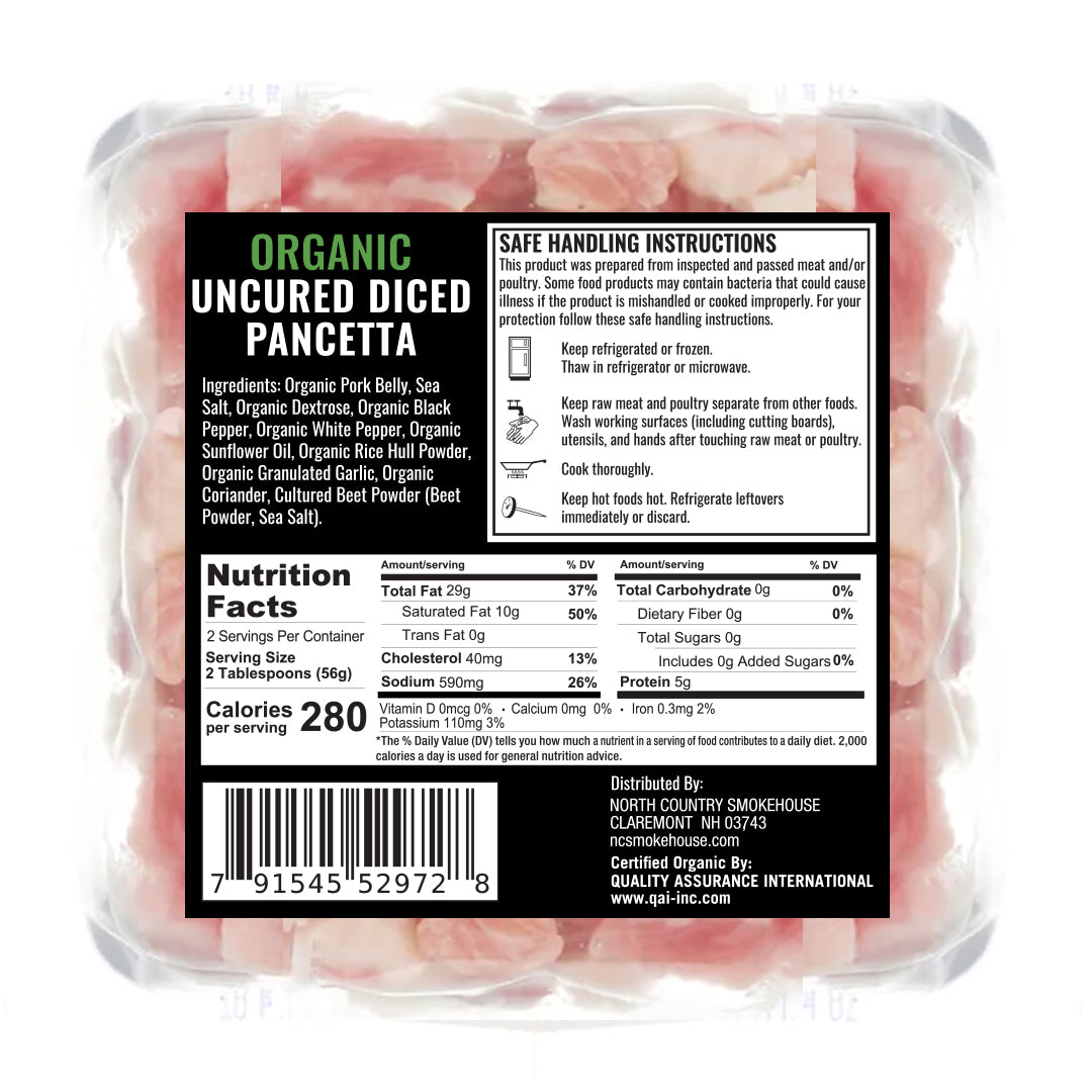 Packaged organic uncured diced pancetta with label on a white background