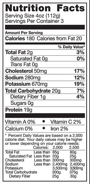 Nutrition facts label for a food product with serving size, calories, and nutritional content details.