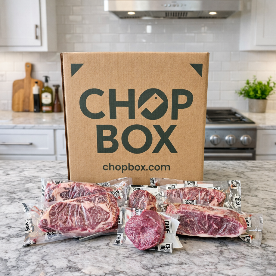 Chop Box packaging with raw meat on a kitchen counter