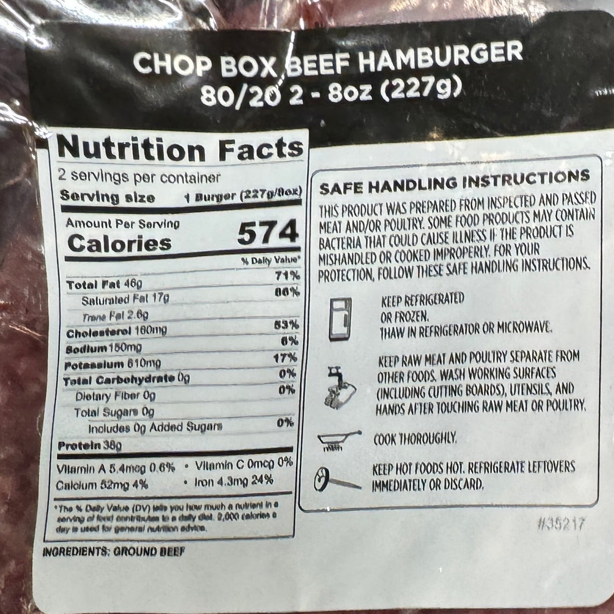 Packaged ground beef with a nutrition label on a white background