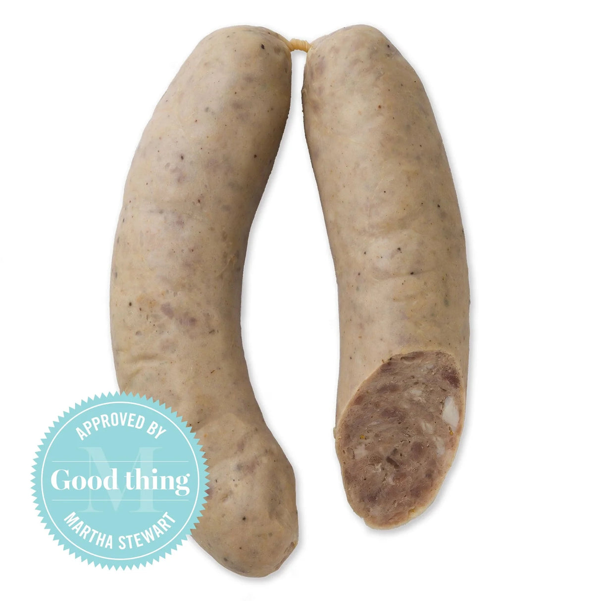 Two raw sausages on a white background with a 'Good thing' label.