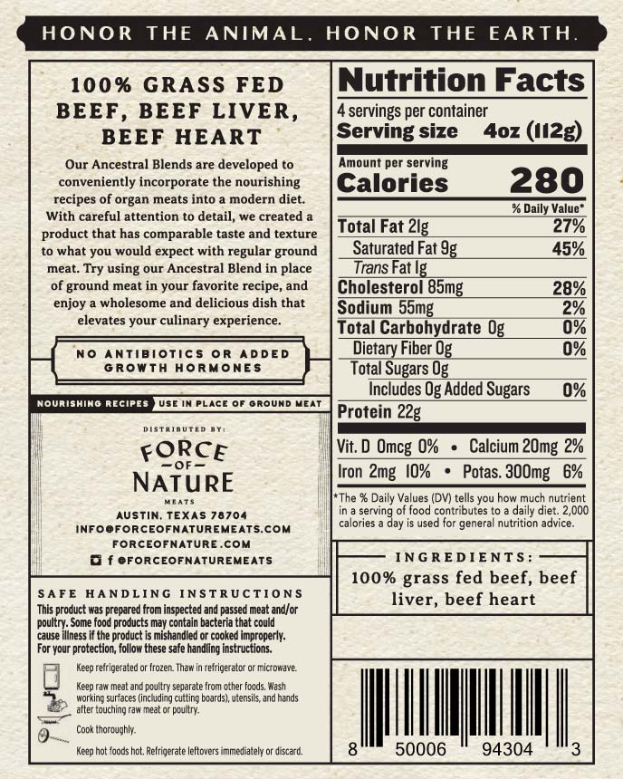 Nutrition label for Force of Nature meat product with details on ingredients and preparation.