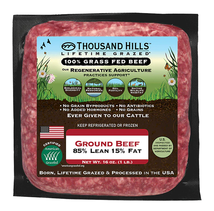 Package of Thousand Hills ground beef with label detailing grass-fed and regenerative agriculture practices.