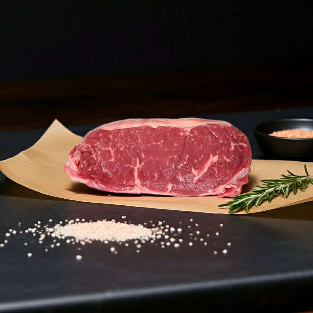 Thousand Hills Grass-Fed Strip Steak on butcher paper with rosemary and sea salt, photographed on a dark slate background in warm natural light.