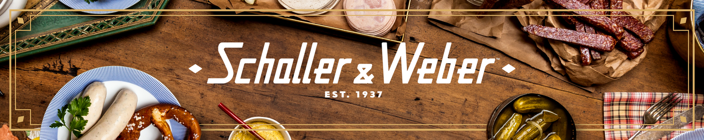 Schaller & Weber logo on a wooden background with food items