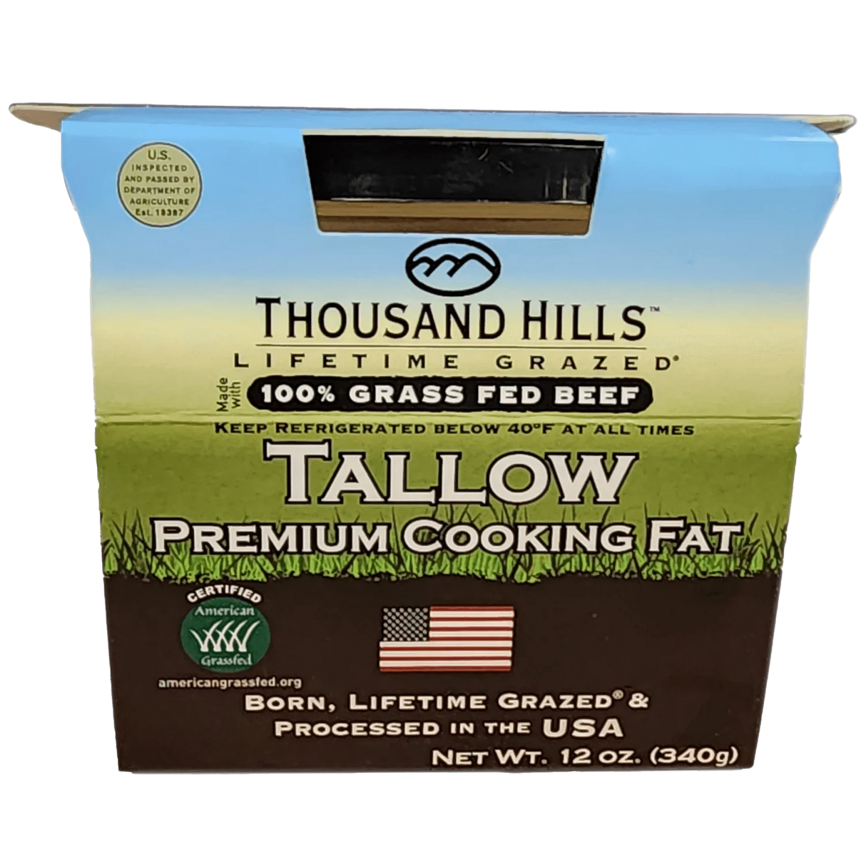 Thousand Hills Tallow premium cooking fat with branding and product details.