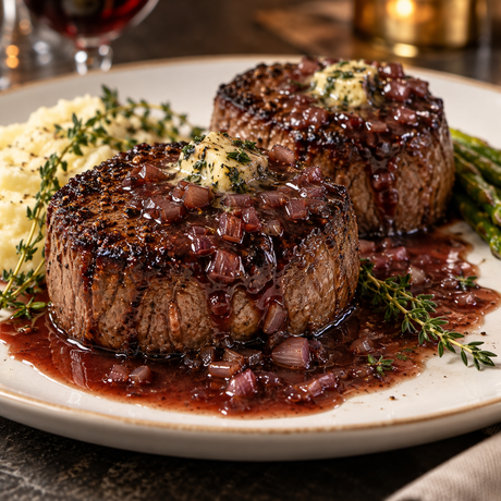 Filet Mignon with Red Wine Shallot Sauce