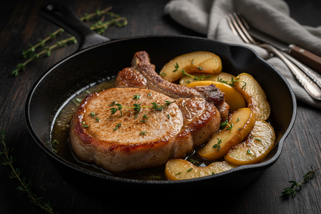 Pan-seared Duroc bone-in pork chop with brown butter and caramelized apple slices