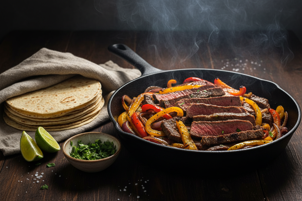 Sizzling skirt steak fajitas with grilled peppers and onions in warm tortillas