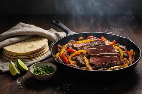 Sizzling skirt steak fajitas with grilled peppers and onions in warm tortillas