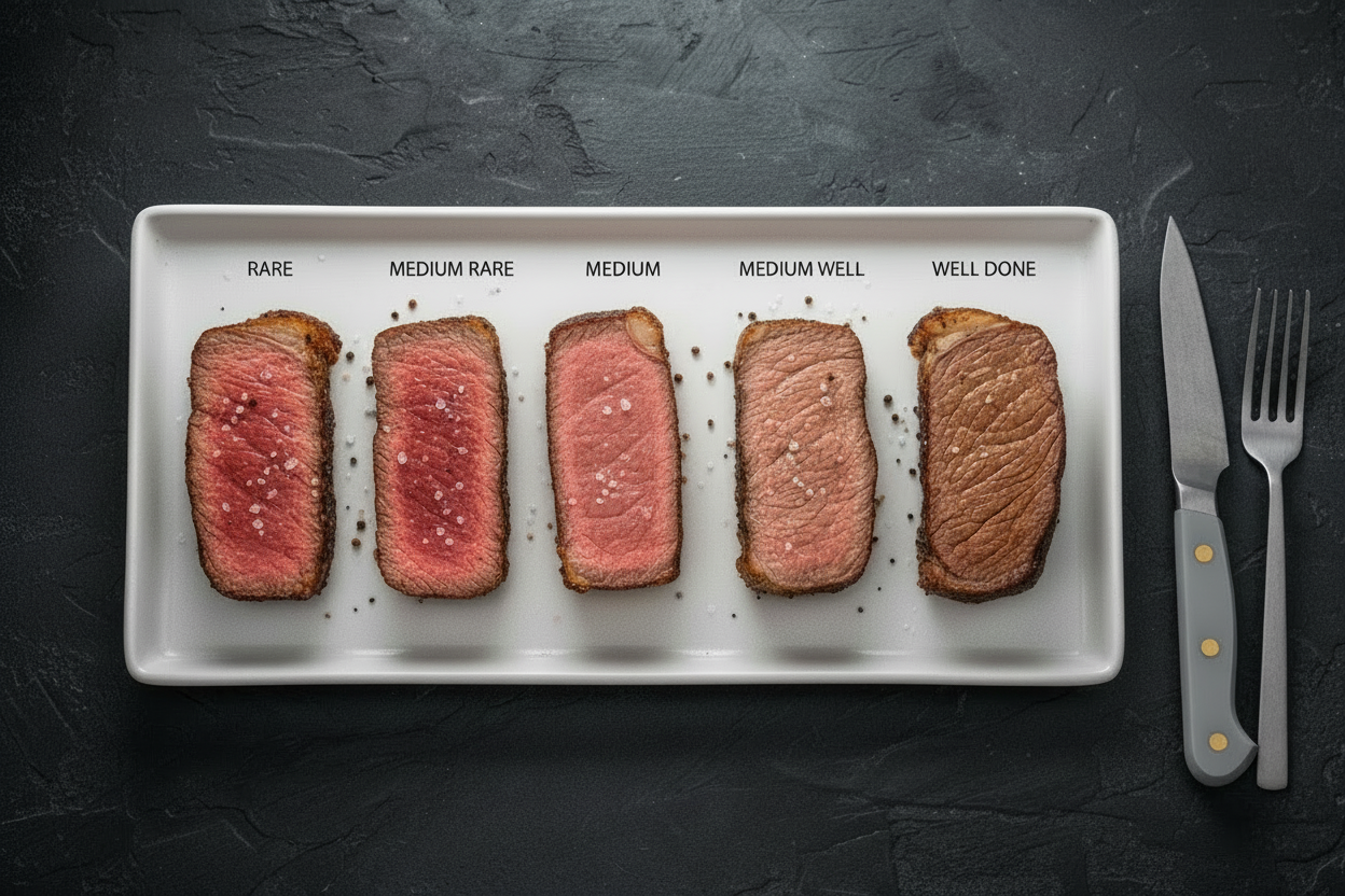 Steak doneness guide showing Rare, Medium Rare, Medium, Medium Well, and Well Done — from red center to fully cooked
