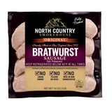 Package of North Country Smokehouse Bratwurst Sausage with branding and product details.