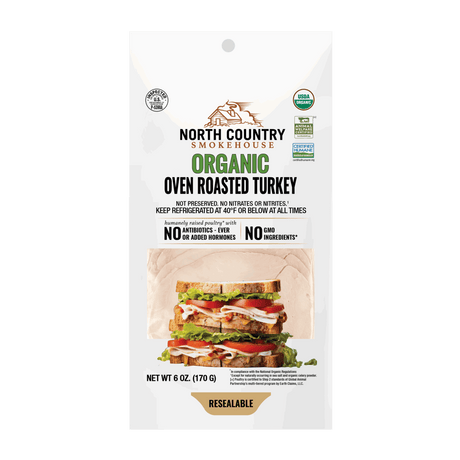 Package of North Country Smokehouse Organic Oven Roasted Turkey on a white background