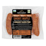 Packaged smoky maple breakfast sausage with North Country Smokehouse label on a white background