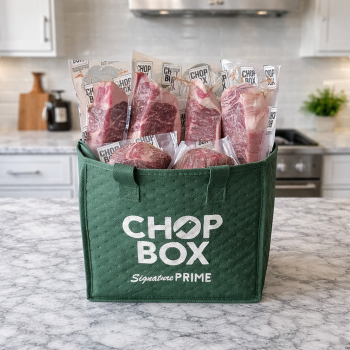 SignaturePRIME steak box by Chop Box in a branded tote bag