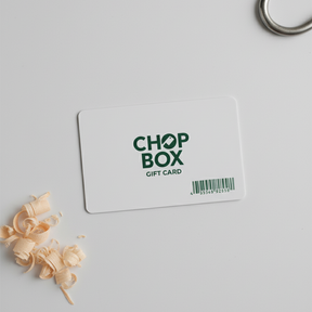 Chop Box gift card on a light gray background with decorative elements.