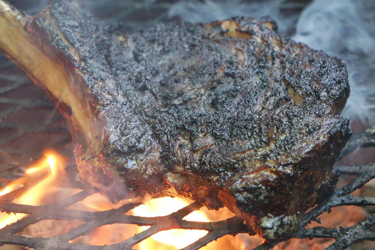 Close-up of a roasted piece of meat over an open flame